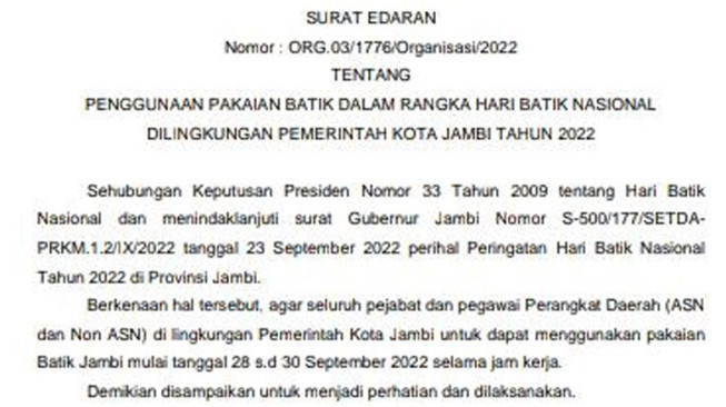 Fasha Himbau Pejabat dan ASN Pemkot Jambi Kerja Pakai Batik