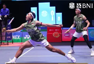 Ganda putra Indonesia Fajar Alfian/Muhammad Rian Ardianto saat tampil di All England 2024. (FB PBSI)