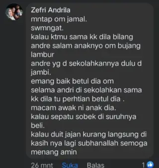Seorang Netizen di akun media sosialnya berterima kasih ke Dillah Hikmah Sari yang pernah menyekolahkannya dulu || dok pri