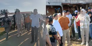 Bupati Tanjungjabung Timur di dampingi wakil nya saat turun langsung meninjau lokasi ambruk nya jembatan penghubung dua desa di sabak timur || Dok pri