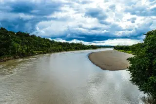 Ilustrasi: Sungai lebar mengalir di antara tepian berpasir dan hutan hijau di bawah langit berawan.