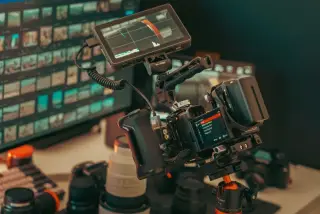 Ilustrasi: Kamera video profesional dengan monitor tambahan di atas meja kerja editor.