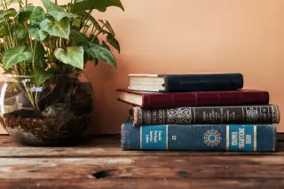 Ilustrasi: Tumpukan buku tebal di atas meja kayu di sebelah tanaman dalam vas kaca.
