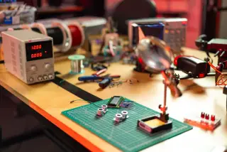 Ilustrasi: Meja kerja elektronik dengan berbagai peralatan, komponen sensor, dan catu daya digital.