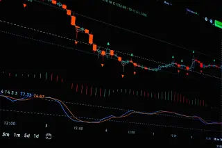 Ilustrasi: Tampilan grafik pergerakan harga saham dan indikator teknikal pada layar digital berlatar hitam.