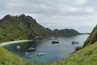 Ilustrasi: Pemandangan teluk berpasir putih dan perbukitan hijau dengan beberapa kapal wisata yang berlabuh.