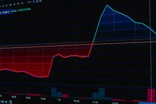 Ilustrasi: Tampilan layar grafik pergerakan harga saham dengan garis merah dan biru pada latar gelap.