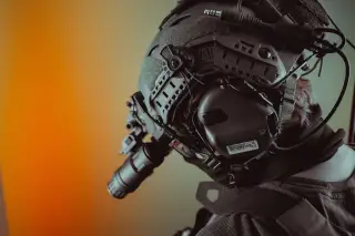 Ilustrasi: Seseorang mengenakan helm taktis militer lengkap dengan headset dan perangkat penglihatan.