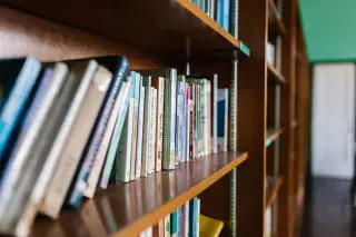 Ilustrasi: Deretan buku tersusun di rak kayu perpustakaan.