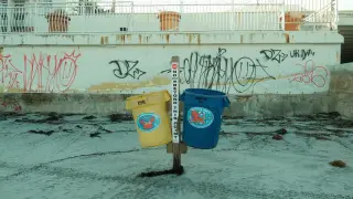 Ilustrasi: Dua tong sampah terpilah berwarna kuning dan biru di pantai berpasir di depan dinding bergraffiti.