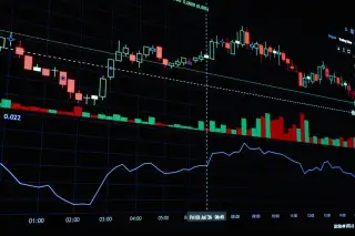Ilustrasi: Tampilan grafik candlestick dan data keuangan pada layar monitor hitam.