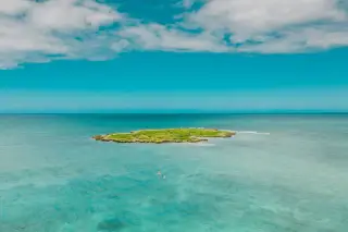 Ilustrasi: Sebuah pulau karang kecil bervegetasi hijau di tengah lautan biru jernih.