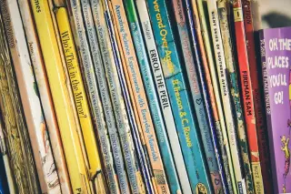 Ilustrasi: Deretan punggung buku cerita dan buku bacaan anak di rak buku.