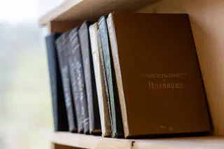 Ilustrasi: Deretan buku bersampul tebal tersusun di rak kayu dekat jendela.