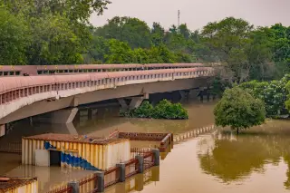 Ilustrasi: Genangan air keruh merendam area di bawah jembatan panjang dan pepohonan di sekitarnya.