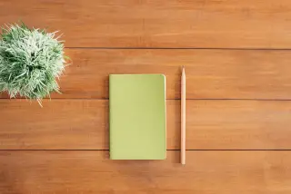 Ilustrasi: Buku catatan hijau, pensil, dan tanaman hias kecil di atas meja kayu.