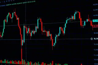 Ilustrasi: Tampilan grafik candlestick perdagangan saham berwarna merah dan hijau di layar digital berlatar gelap.