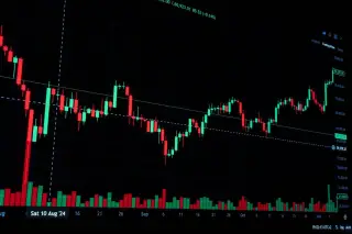 Ilustrasi: Tampilan grafik lilin pasar saham berwarna merah dan hijau di layar digital berlatar gelap.