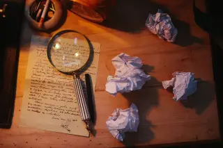 Ilustrasi: Kaca pembesar, surat bertuliskan tangan, dan remasan kertas di atas meja kayu.