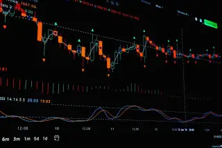 Ilustrasi: Tampilan layar grafik pergerakan harga saham dengan pola candlestick berwarna oranye dan garis teknikal.