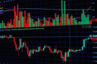Ilustrasi: Tampilan grafik candlestick merah dan hijau di layar monitor analisis pasar keuangan.
