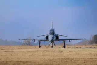 Ilustrasi: Sebuah pesawat jet tempur militer tampak dari depan terparkir di landasan udara berumput.