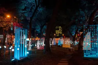 Ilustrasi: Instalasi seni bercahaya warna-warni terpasang di antara pepohonan taman kota pada malam hari.
