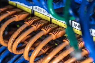 Ilustrasi: Deretan kabel jaringan komputer berwarna oranye dan biru terpasang pada panel server.