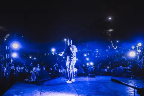 Ilustrasi: Seorang penampil di atas panggung konser terbuka menghadap penonton di malam hari di bawah lampu biru.