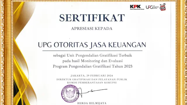 OJK Terima Penghargaan Pengendalian Gratifikasi Terbaik Nasional